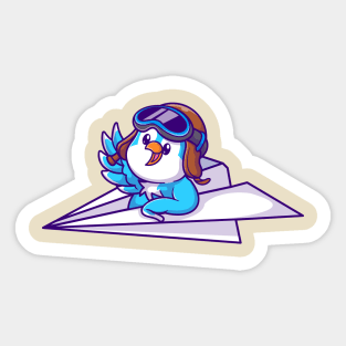Cute Bird Riding Paper Airplane Cartoon Sticker